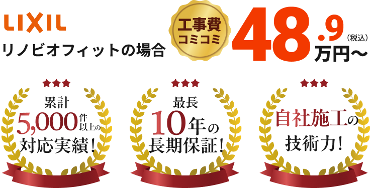 LIXIL リノビオフィットの場合 工事費コミコミ48.9万円~ 累計5,000件以上の対応実績!最長10年の長期保証!自社施工の技術力!