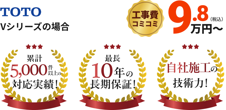 TOTO Vシリーズの場合 工事費コミコミ9.8万円~ 累計5,000件以上の対応実績!最長10年の長期保証!自社施工の技術力!